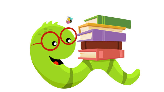 Happy Worm with Stack of Books - Cute green worm smiling beside a stack of books, bookworm concept illustration for kids education.