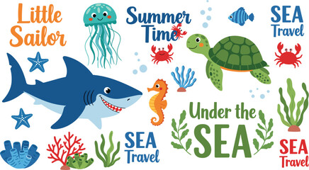 Under the Sea Summer Travel Design with Shark, Jellyfish, Turtle, Crabs, and Ocean Elements for Kids © MSTRazia