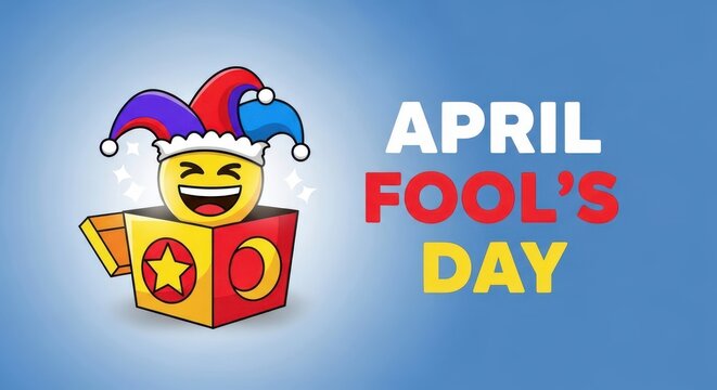 April fools day emoji character in jester hat coming out of a joke box on blue background