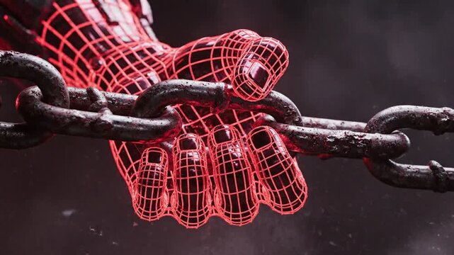 Wireframe hand glowing with red energy grips a heavy metal chain in a dark, mysterious setting.