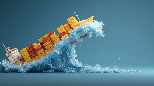 A shipping container ship is precariously capsized by an enormous wave, symbolizing the potential for global trade disruptions. ..Created with Generative AI, not depicting real subjects.