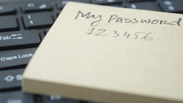 Sticky note with simple password written on computer keyboard in office setting
