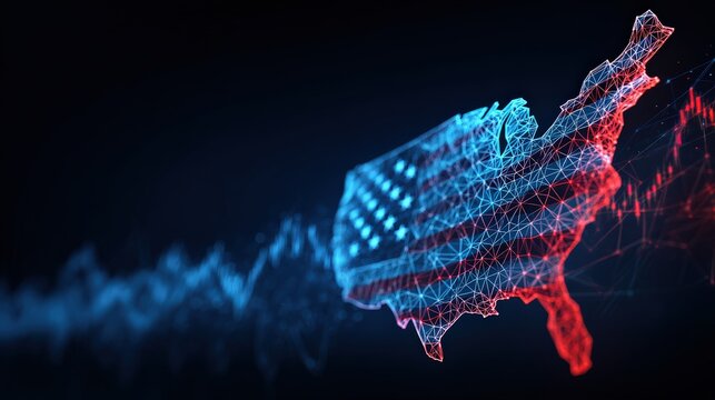 Political landscape of a nation, with a striking digital representation of its geographical outline. ..Created with Generative AI, not depicting real subjects.