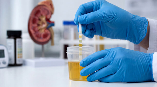 A medical professional performs a urine test (urinalysis) using a test strip and sample cup, with a kidney model in the background