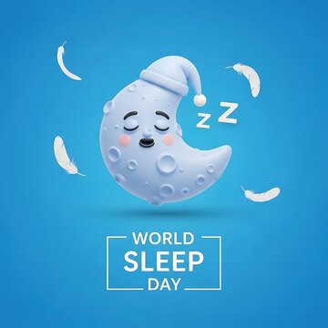 A cute cartoon moon wearing a sleep cap on blue background for world sleep day
