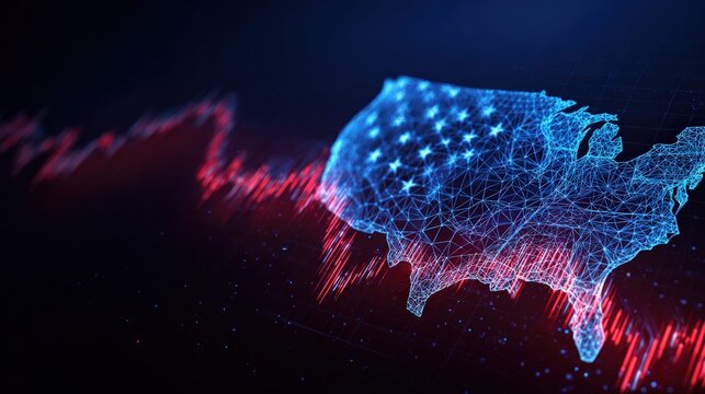 The United States map, symbolizing economic downturn in a conceptual artwork, rendered in a striking illustration. ..Created with Generative AI, not depicting real subjects.
