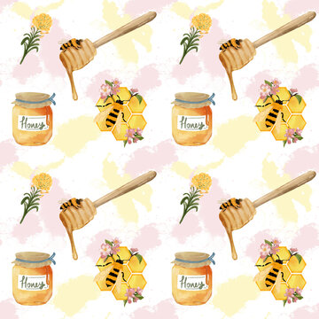 Seamless surface pattern with a hand drawn honeybee floral theme. Repeating, tillable, wallpaper background 

