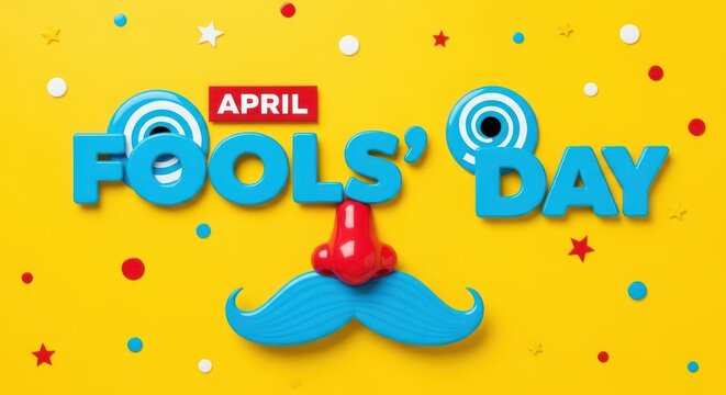 April fools day celebration with colorful confetti and mustache on yellow background