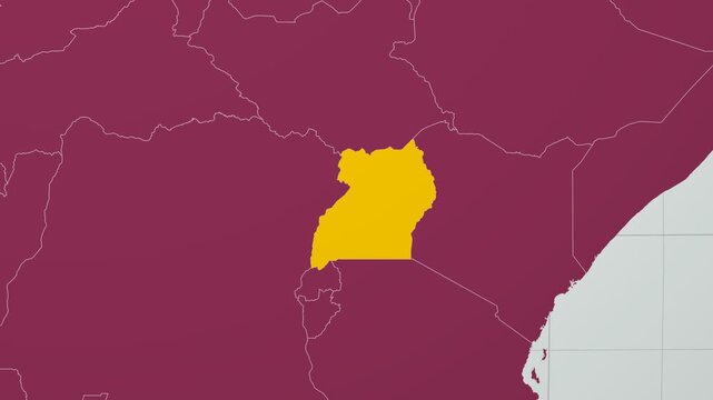 Uganda map. Animated zoom into the country on the Globe in Pale Mint Dark Pink color palette. Country logo animation with round text and airplanes. Map with meridians, parallels. Classy video.
