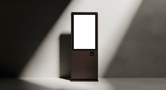 Blank Digital Kiosk Mockup on Concrete Wall | Interactive Vertical Display Screen | Modern Advertising Totem with Shadows | Empty Information Stand Template