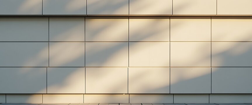 Sunlit facade featuring abstract shadows on geometric white wall, minimalist exterior architecture with natural light