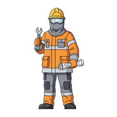 Obraz premium Construction worker in protective gear holding wrench and blueprint, ready for work