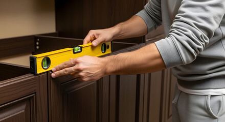 Professional cabinet installation with spirit level | Ensuring kitchen cabinet alignment | DIY home improvement measuring tools | Accurate woodworking and furniture assembly