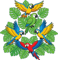 Colorful tropical parrots and macaws with monstera leaves exotic jungle birds decorative composition vector illustration © Kharshad Creative