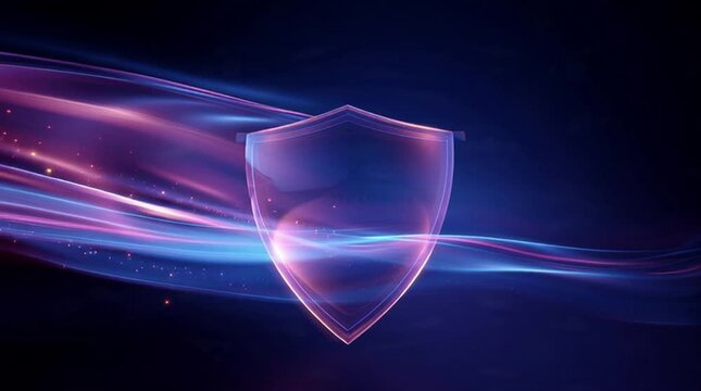 A glowing purple shield with a digital shield animation effect, surrounded by streaks of pink and blue light, set against a dark background with a sense of network security and data