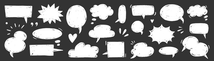 Obraz premium Speech doodle chalk balloon set. Speech doodle hand drawn crayon sketch on chalkboard . Balloon cloud text frame cartoon sticker comic dialog on vintage school blackboard. Vector illustration