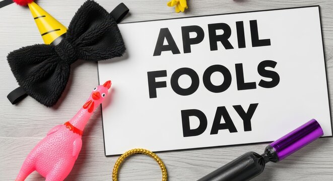 April fools day sign with colorful prank items on wooden table