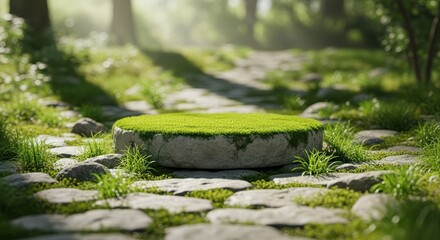 A serene stone pathway through a lush green forest with a grassy stone in the middle of the path
