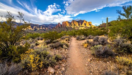 A desert trail leads to red rock formations under a blue sky