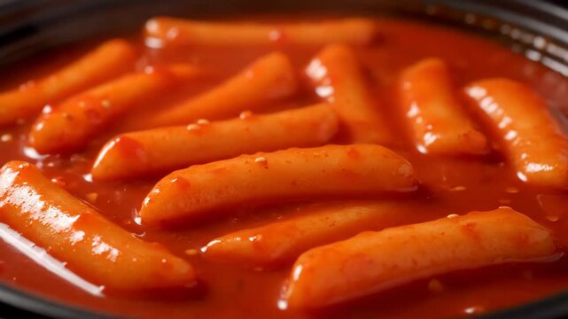 Korean tteokbokki chewy rice cakes close-up macro slow motion delicious street food