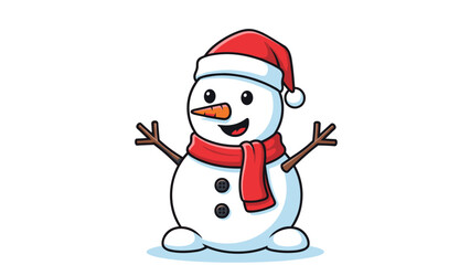 Happy winter snowman with a bright orange carrot nose and a red scarf waving its stick arms in a friendly greeting on a plain white background.