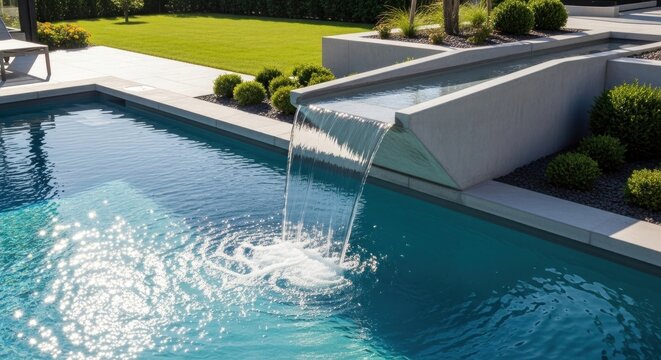 A serene backyard pool with a small waterfall feature and lush greenery