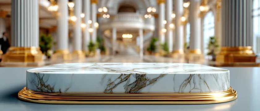Grand Showcase: A regal marble display platform, framed in gleaming gold, sits in an opulent hall lined with ornate columns, evoking luxury and prestige.