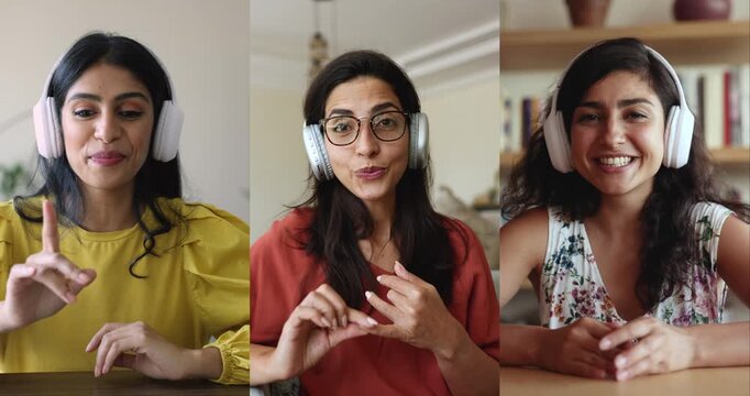 Happy beautiful female influencer, student, online teacher women in headphones waving hand hello at camera, speaking, giving webinar. Multiple portrait of Latin and Indian young professional women