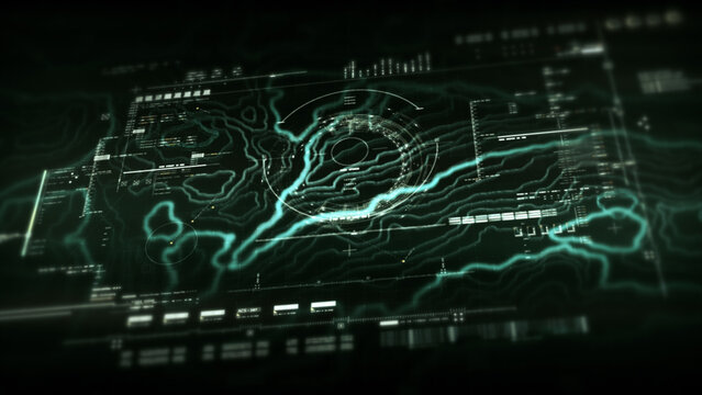 Futuristic holographic topographic environment featuring dynamic geomorphological terrain visualization, integrated into an advanced motion graphic user interface with a head-up display screen