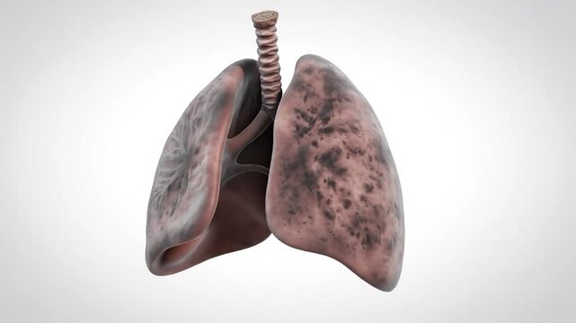Diseased human lungs showing dark spots and damage