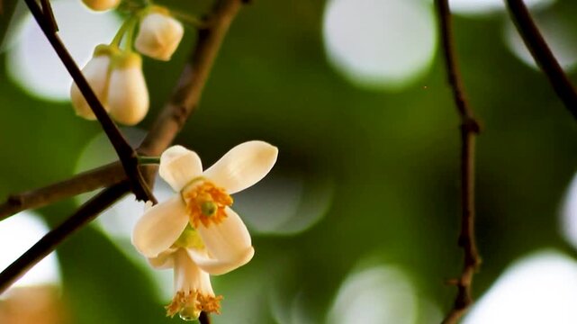Close-up of White Citrus Tree Blossoms Blooming on Branch with Soft Bokeh Background.