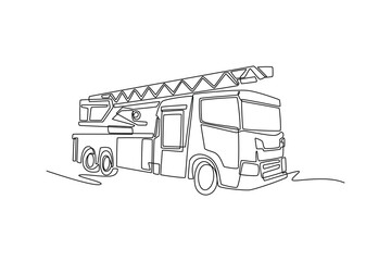 Naklejka na ściany i meble Single one line drawing specialized fire engine with extendable aerial ladder. Protective, urgent nature of emergency response vehicles. Modern continuous line draw design graphic vector illustration