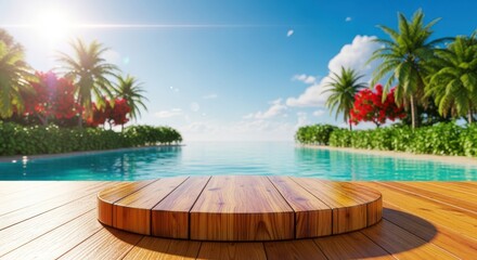 Fototapeta premium Serene tropical resort pool scene with wooden deck and palm trees under sunny blue sky