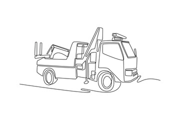 Naklejka premium Single continuous line drawing tow truck or recovery vehicle. Crane mechanism, flatbed structure used for clearing roads, rescuing stranded vehicles. one line draw graphic design vector illustration