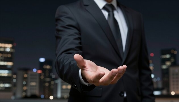 Businessman in dark suit extends hand palm up against city skyline at night.