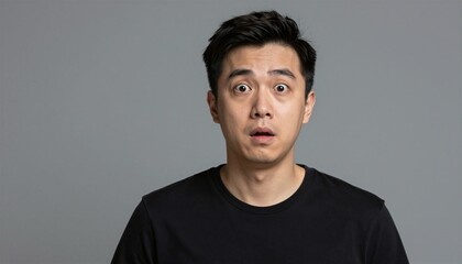 Obraz premium A young man in a black t-shirt stands against a gray background with a surprised expression.