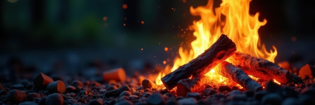 Crackling bonfire, glowing embers, wood burning intensely, logs, rustic, energy