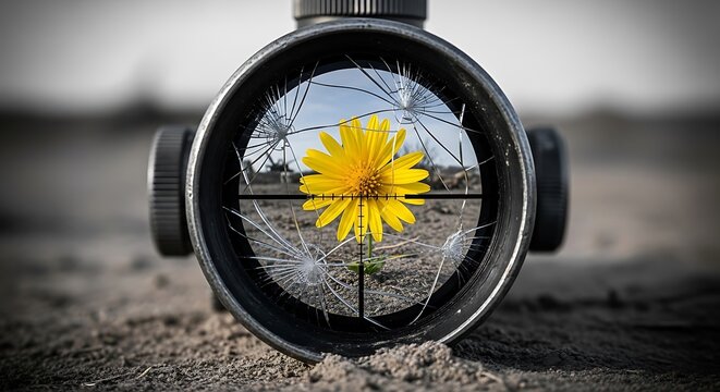 ellow Wildflower Reflected in Broken Sniper Scope Lens Against Blurred Black and White War Field &mdash; Powerful Metaphor of Peace Over Violence