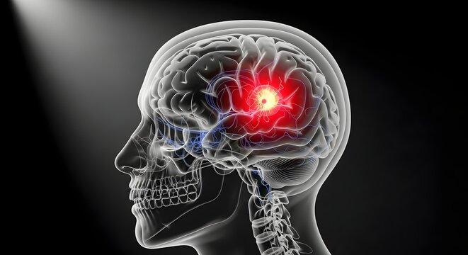 Brain Hemorrhage Emergency Concept with Intense Red Cerebral Bleeding Highlight in Human Skull