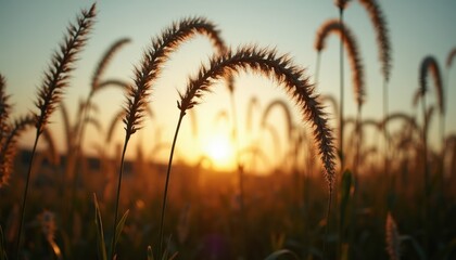 Golden Hour Meadow Serenity with Wispy Grasses Silhouetted Against a Warm Sunset Sky