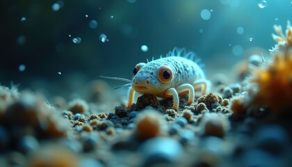 Extreme Close Up of a Tiny Aquatic Creature with Orange Eyes on Sandy Seabed with Bubbles and Soft Underwater Lighting