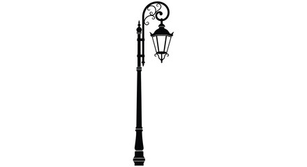 An elegant ornate black street lamp stands prominently against a plain white background silhouette high quality professional detailed © nhpvect02