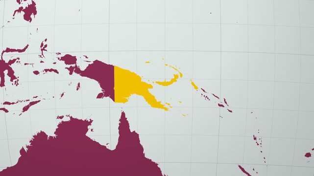 Papua New Guinea map. Animated zoom into the country on the Globe in Pale Mint Dark Pink color palette. Country logo animation with round text and airplanes. Map with meridians, parallels.