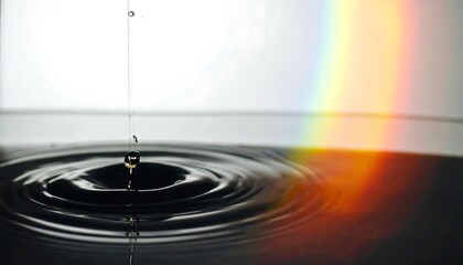Fototapeta premium Water drop with rainbow: A close-up captures the delicate dance of a water droplet as it creates concentric ripples. A vibrant rainbow arches across the scene, symbolizing hope and harmony.