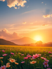 Obraz premium High quality flowers field in vang vieng laos with clouds rising sunset with mountain and tree illustration background.