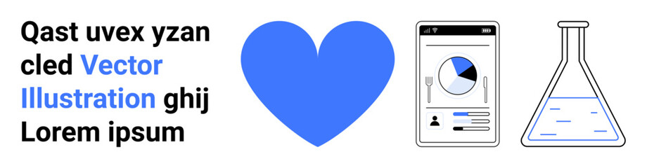 Data analysis, scientific research, technology development, healthcare innovation, business analytics, visual communication. A heart, smartphone graph and flask. Data analysis and scientific