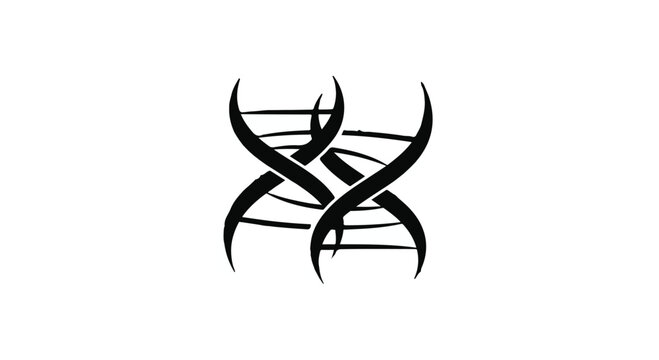 Abstract black DNA helix symbol intertwined against a clean white background, representing science and genetics.