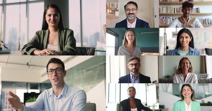 Businesspeople of different ages and races talking on online video conference chat, looking and speaking at camera, waving hands hello, meeting for distant communication. Variety of portraits