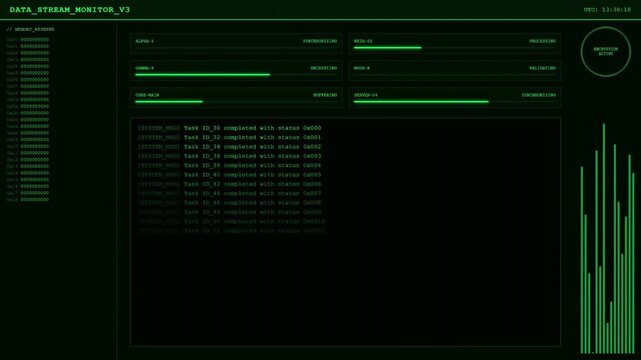 Data Stream Monitor V3 with Memory Reserve Hex Codes and Core Main System Task Validation Interface.