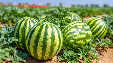 Sunlit Green Striped Watermelons Ripening On Vines In A Large Agricultural Field
